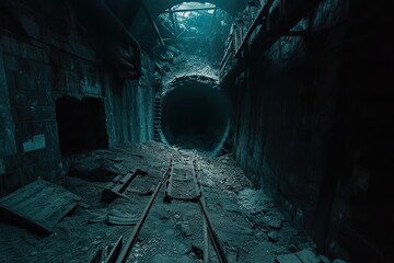 Exploring an old abandoned coal or mineral mine. Dark and dim shaft. old entrance from inside - obrazy, fototapety, plakaty