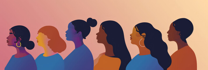 Diversity, freedom and equality with a group of woman together in a crowd or illustration as a poster. Peace, community or human rights with an image of different people and women on a color backdrop