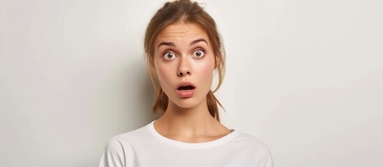 Shocked young woman with surprised expression and open mouth looking at something unexpected - obrazy, fototapety, plakaty