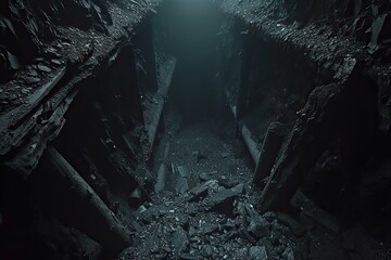 Exploring an old abandoned coal or mineral mine. Dark and dim shaft. old entrance from inside