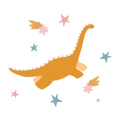 Beautiful childish composition with hand drawn cute dinosaur with stars. Colorful kids clip art. - 735101528