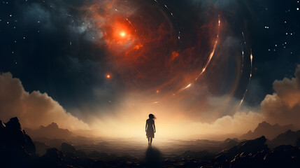 There is a man standing in the middle of a dark cave,,
There is a man standing in a space with planets and stars 