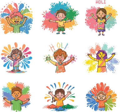 vector illustration for the Holi holiday with joyful kids

