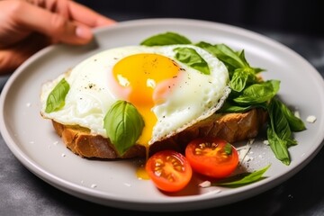Fototapeta na wymiar A slice of bread with a fried egg, tomatoes and fresh basil on a plate