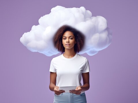 A Woman Holding A Tablet With A Cloud Above Her Head