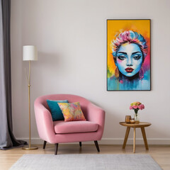 Modern armchair on the living room with colorful wall art