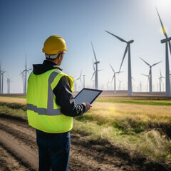 Unrecognized engineer wearing safety helmet working in wind turbine farm