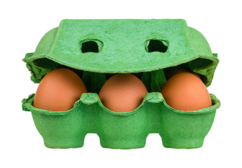 Open green egg box with eggs isolated on a transparent background
