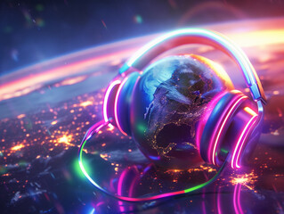 A 3D depiction of neon colored headphones wrapping around the Earth