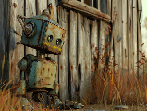 3D artwork of a rustic robot with human features amidst an old barn setting