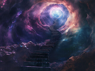 A magical portal in the shape of a ladder navigating through a surreal galactic landscape