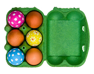 Open green egg box with Easter eggs isolated on a transparent background. Top view