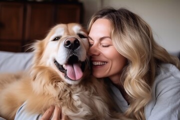 Middle aged woman enjoys spending time at home with her pets. Dog licks owner's cheek with his tongue, cat sitting on couch


