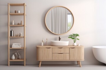 Fototapeta na wymiar Modern vanity design, using wood-look material pairing with white ceramic sinks and a stylish round mirror on the beige wall of the shower room. A concept of interior trends. 3d rendering