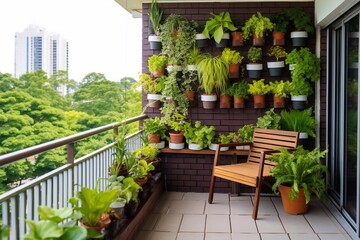 Fototapeta na wymiar Stylish and beautiful. Morden residential balcony garden with bricks wall and plants