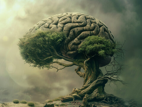 A unique fusion of a flourishing tree seamlessly transitioning into a detailed realistic brain structure