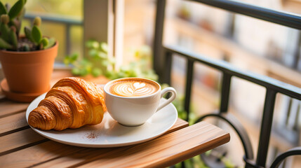 A delicious pistachio croissant on a white plate and a white cup of black coffee at the wooden table of a coffee shop. Bokeh background. Lifestyle photo, selective focus, shallow depth of field. - Powered by Adobe