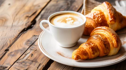 Gordijnen coffee and croissant on table © Prompt2image