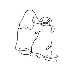 Vector isolated woman hugging with dog one single contemporary line art  colorless black and white contour line easy drawing