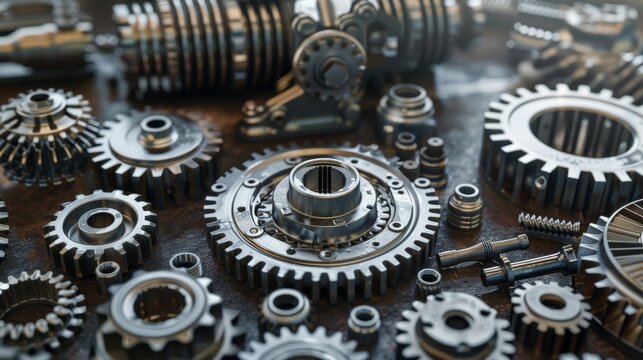3D Complex mechanism : Gears and cogs, disassembled metal industrial engine