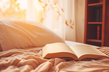 Bright room, sunlight. open book on the bed