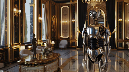 An ultra luxurious AI powered robot set in an opulent environment showcased as a symbol of future luxury