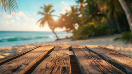 Empty wooden planks with blur beach on background, can be used for product placement, palm leaves...