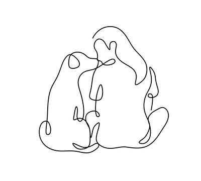 recommend clip art: Vector isolated woman hugging with dog one single contemporary line art  colorless black and white contour line easy drawing