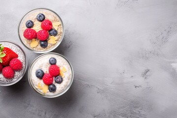 Obraz na płótnie Canvas Overnight chia seed pudding with fresh blueberries, raspberries and coconut flakes in a bowl with golden spoon Copy space, top view. Breakfast, superfood and vegan food concept. Gray background