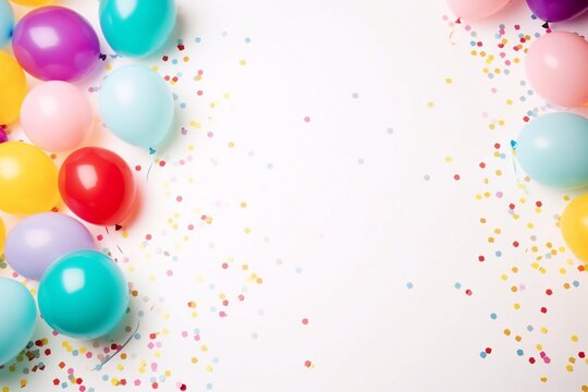 Beautiful and festive overhead background collection of colorful birthday objects in rainbow colors