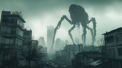 Dystopian surreal cityscape overshadowed by an ominous eerie levitating creature 3D render