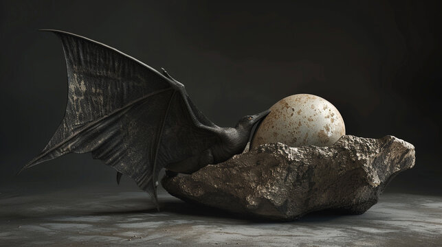 Hyper realistic 3D rendering of a pterodactyl wing sheltering a fossilized egg resonating with ancient mysteries