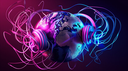 Illustration of neon tangled headphone wires snaking their way around the globe