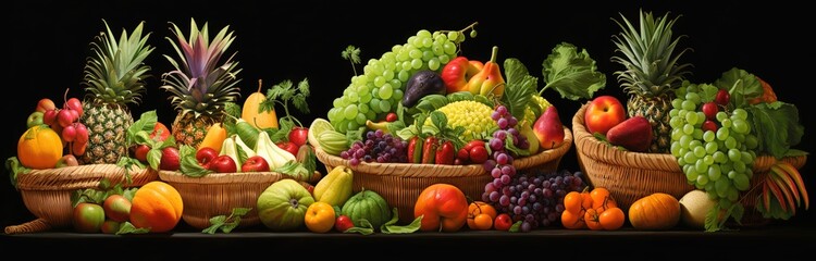 vegetables and fruit in brown rattan basket on black background