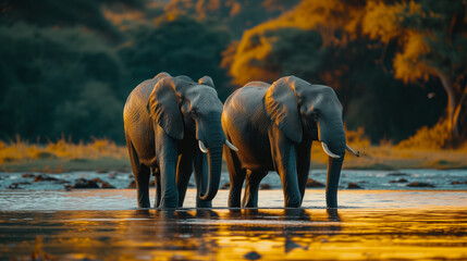 Elephant herd crossing river at sunset. a family of elephants playing in a river. A large lonely elephant in the setting sun. Herd of elephants walking across river.  Group of wild elephants walking.