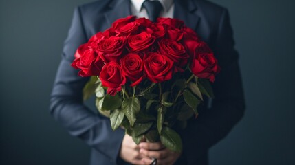a person holding a bouquet of red roses