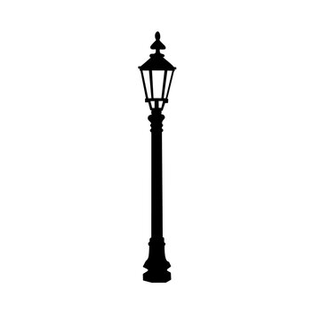 Vector isolated one single retro vintage old street lamp on a pole colorless black and white outline silhouette shadow shape stencil solid black