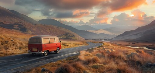 Highway through the White Mountains in New Hampshire with a camper van. AI generated illustration