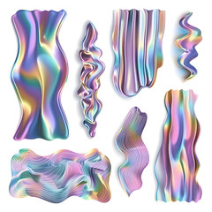 holographic liquid metal shapes set isolated on white