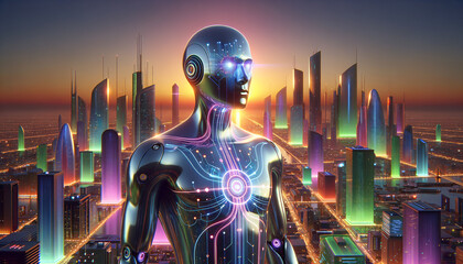 Whimsical android with glowing circuitry in futuristic cityscape. - obrazy, fototapety, plakaty