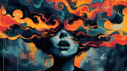 Flame Haired Lady in Intricate Psychedelic Landscape