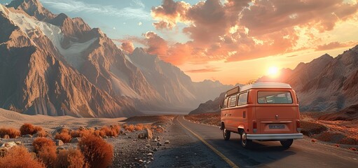 travel van is driving down a road with mountain in the background. - obrazy, fototapety, plakaty