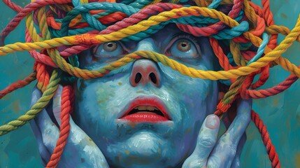 Colorful Surrealistic Painting of a Woman with Ropes - obrazy, fototapety, plakaty