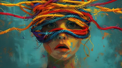 Fantasy Realism: Female Portrait with Colorful Threads and Ropes