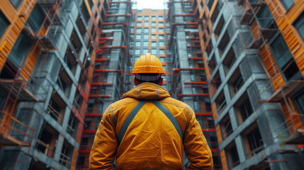 Fototapeta premium Construction worker with safety helmet in front of a building in construction , construction industry concept background, Ai generated image
