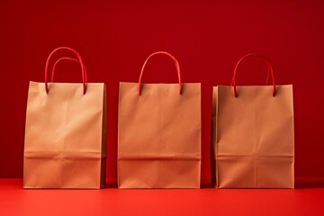 Paper bags on red background. Generative AI