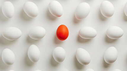Aesthetic flat lay of white eggs with one red. White background. Creative accent concept. Copy space. Generative AI