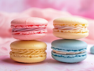 4 Pastel Macarons (yellow, pink, blue) on soft pink background, french sweets	with copy space