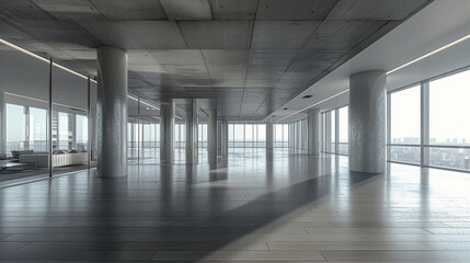 Empty open space top floor with modern skyscraper building. Generative AI