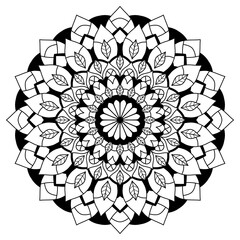 Floral mandala with lines, botanical style with repeated elements, for coloring book page, decoration, tattoo, wallpaper, card, sticker, illustration.